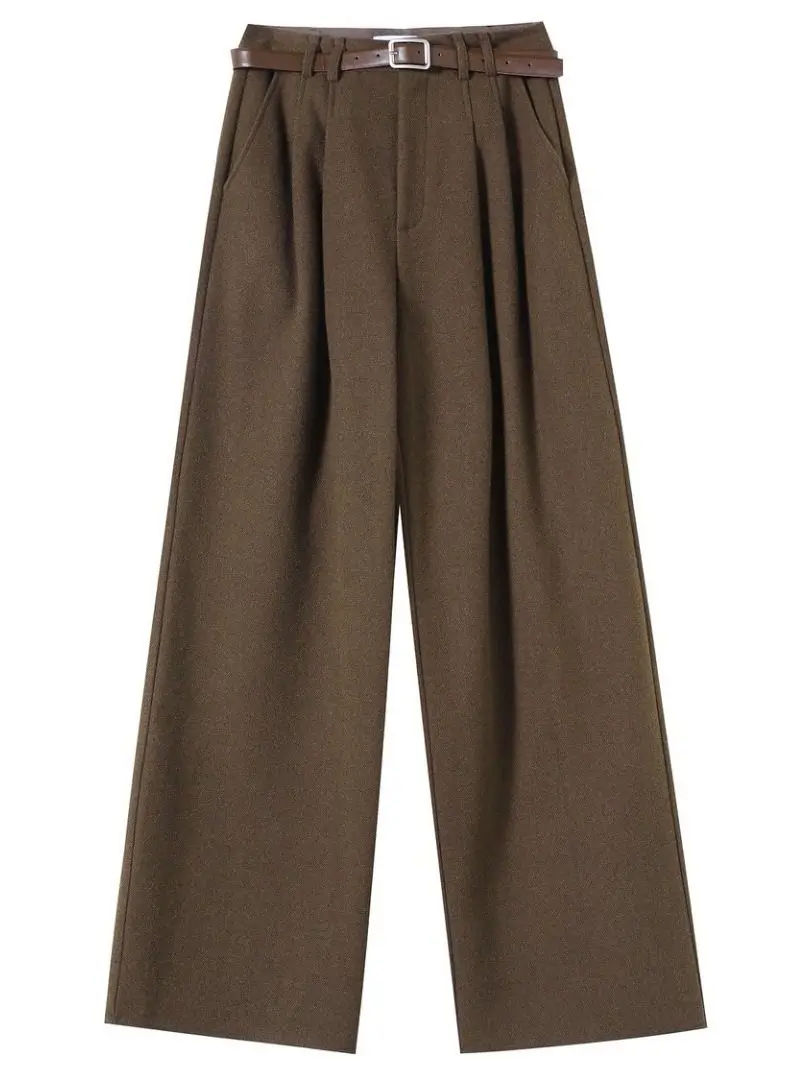 بنطلون نسائي واسع الساق بخصر مرتفع مبطن للخريف والشتاء، دافئ وأنيق بتصميم كلاسيكي، بنطلون طويل كاجوال