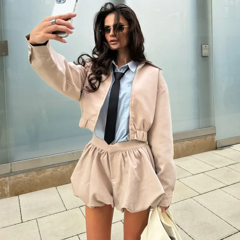Tuularose Women's 2 Piece Fashion Lapel Zip Jacket Pleated Shorts Suit Vintage Streetwear New Party  Autumn Female Short Sets