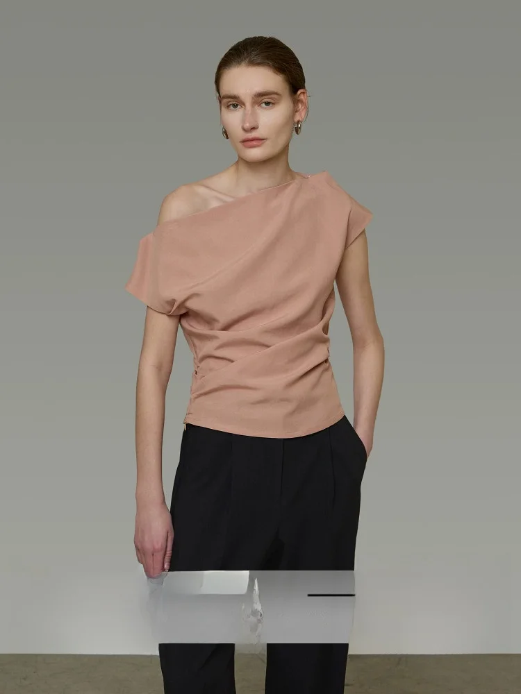 

Unspoken Women's Pink Off-Shoulder T-Shirt Knot Short Sleeve Ruffle Slim Fit Summer Casual Fashion Standard Edition Top