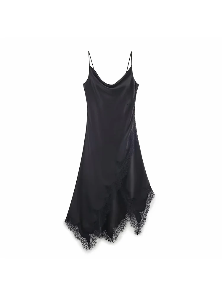 Women New Sexy Satin Lace Splice Halter Dresses Women Fall Fashion Solid Color V-Neck Dress Women Elegant Evening Party Skirts