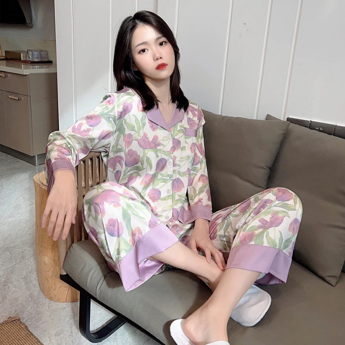 Women Sleepwear Set Spring Satin Long Sleeve Pajama Set Turn Down Collar Faux Silk Print floral Female Pijama Home Wear Clothes