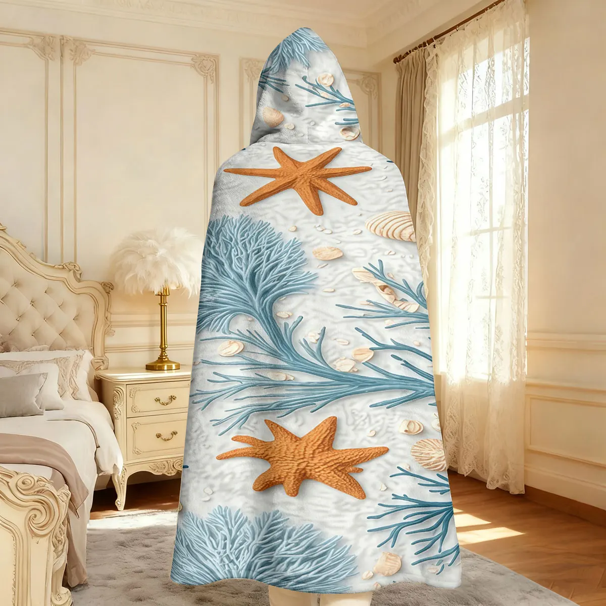 A flannel hoodie with a marine pattern featuring blue coral orange starfish shells blanket multiple sizes view 4