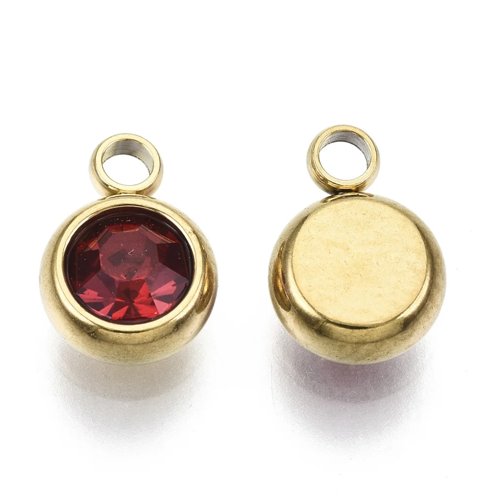 10Pc Birthstone Pendant Charms PVD Vacuum Plating Stainless Steel Rhinestone Charms Birthstone Charms Flat Round Rhinestone lace