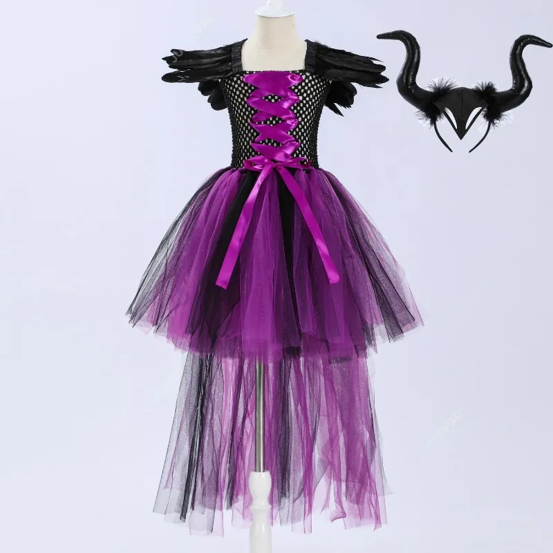 New High Quality Costume Deluxe Girls Halloween Carnival Party Black Trailing Mesh Dress Kids Cosplay Demon Queen Witch Clothes