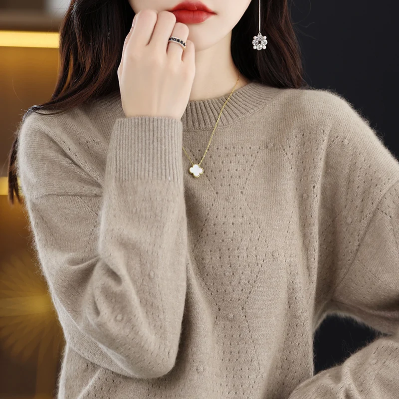 2023 Autumn/Winter Round nNck Sweater Women's Long Sleeve Mink Wool Pullover Knitwear Loose Slimming Fashion  Foundation