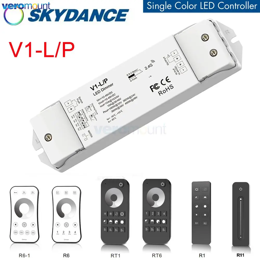 

Skydance V1-L/P 1CH*15A 12V-48V DC CV Controller 2.4G RF + Push-Dim PWM 250HZ/500HZ/2KHZ/8KHZ for Single Color LED Strip Light