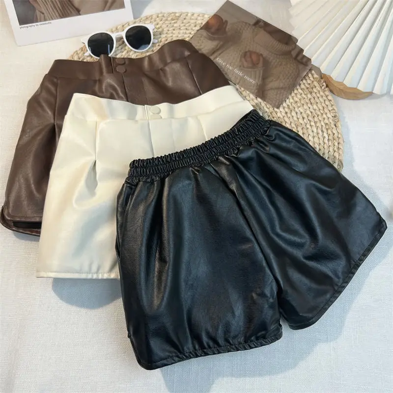 Kids Girls PU Leather Shorts 2024 New Arrival Children Casual High Waist Leather Shorts Teenage Girls Dance Clothes Korean Style