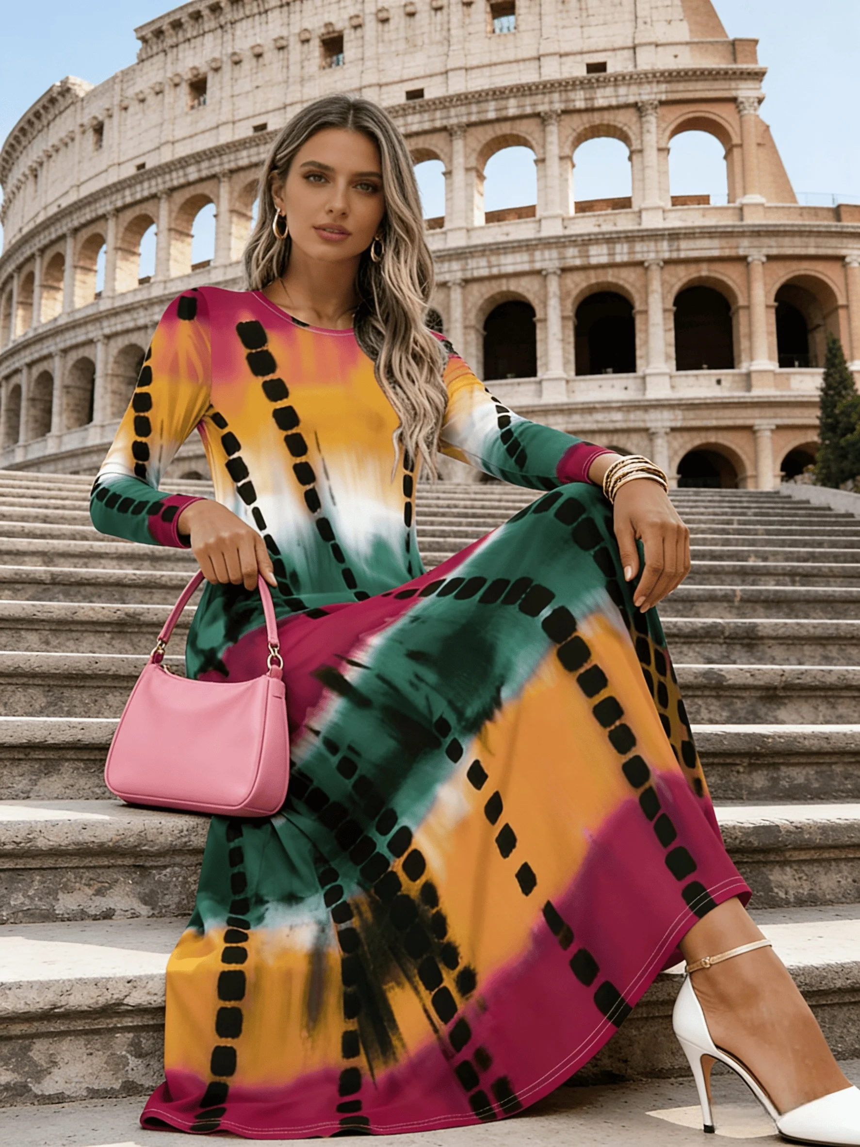 Printed design Casual Style Tie Dye Geometric Block Print Women's Long Sleeve Dress