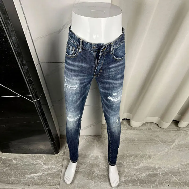 Designer street fashion men's ripped jeans retro elastic slim fit jeans men's hip-hop brand blue high-quality pants Hombre