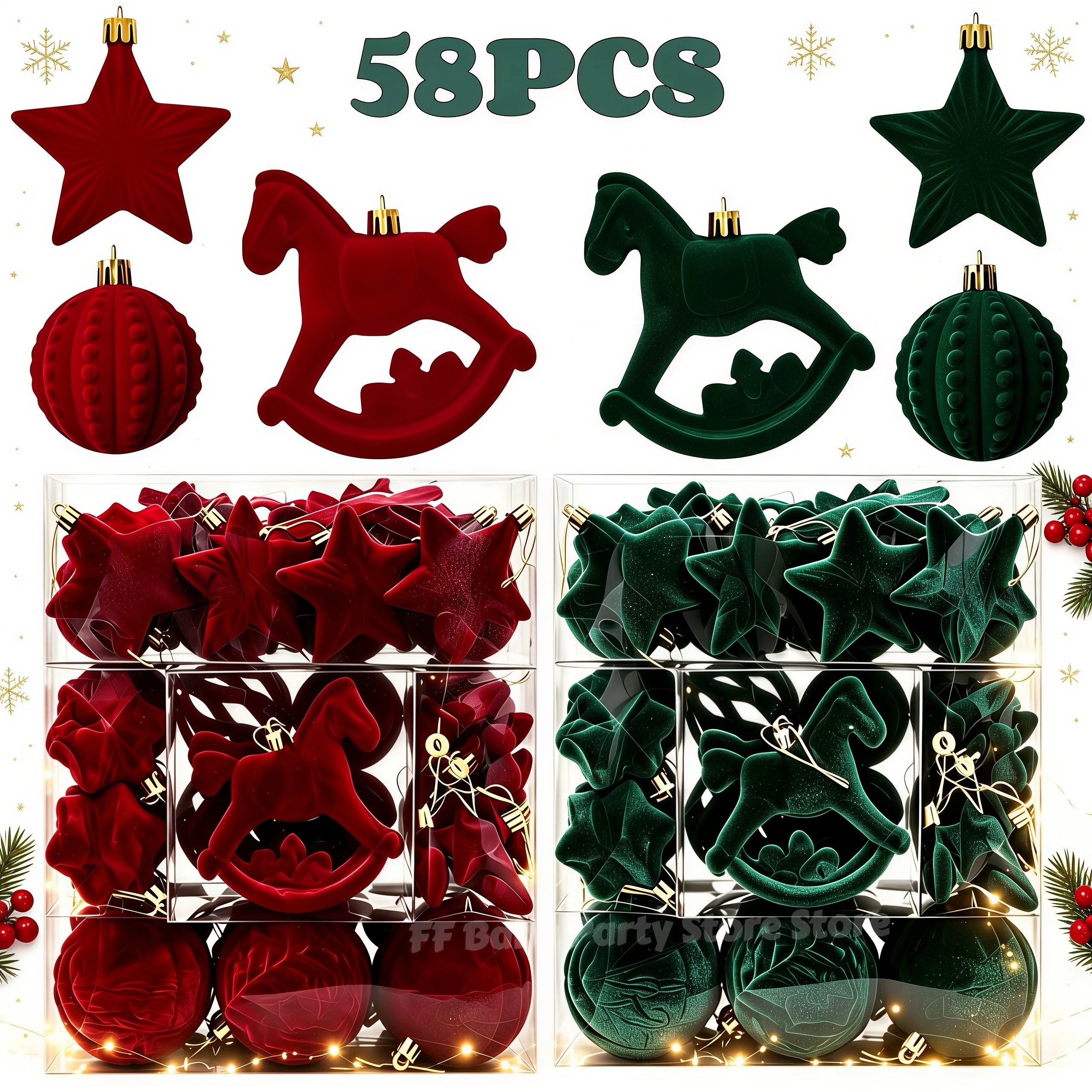 58PCS Velvet Christmas Balls Flocked Rocking Horse Christmas Ornament Xmas Tree Hanging Pendant New Year Home Decoration Navidad