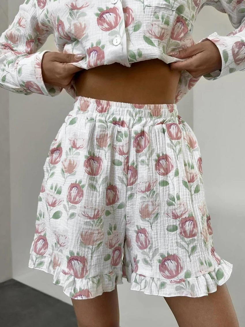 Marthaqiqi Cotton Women Pajamas Suit Long Sleeve Sleepwear Turn-Down Collar Nightie Crop Top Nightwear Shorts Ladies Pyjamas Set