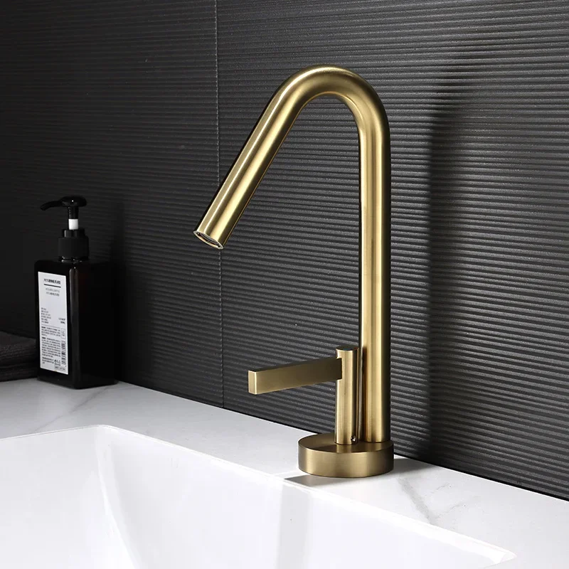 

Brushed Gold Bathroom Sink Faucet Water Mixer Tap Single Handle Deck Mounted Rotation Faucet