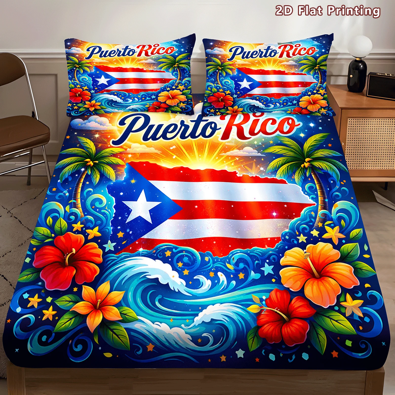 2D digital print three-piece bedding set (includes 1 fitted sheet + 2 pillowcases) mattress protector, fitted sheet style with elastic edges, protective cover, mattress protector, fitted sheet style bedding, tropical floral and wave print fitted sheet set