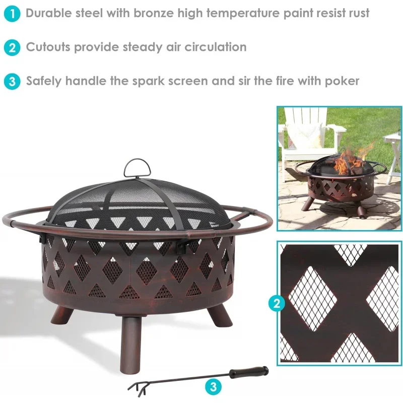 30-Inch Bronze Crossweave Wood-Burning Fire Pit - Includes Cover, Spark Screen, and Fireplace Poker