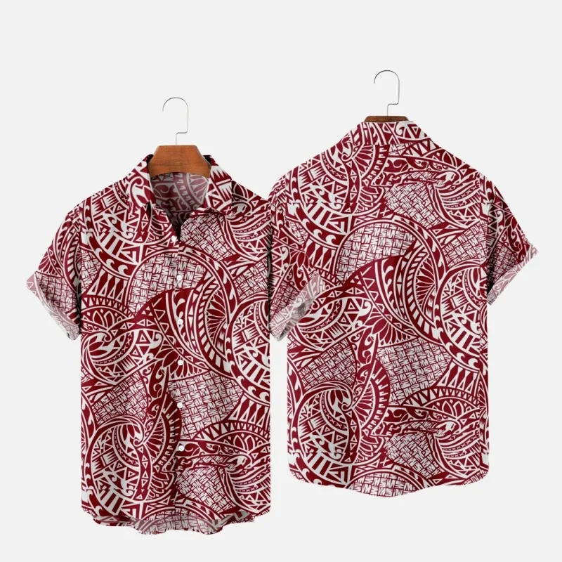 Men's Fashion Y2K T-Shirts Hawaiian Shirt Samoan Texture 3D Print Cozy Casual One Button Short Sleeve Beach Oversized Clothes 2