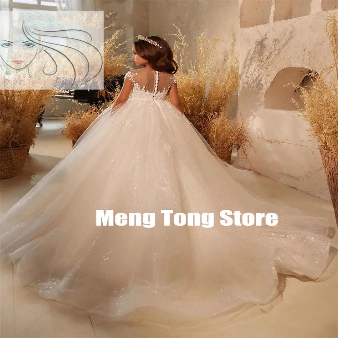 

Ivory Elegant Flower Girl Dress For Wedding Lace Shining Tulle Floor Length Kids Birthday Party Dress Princess Ball Gown