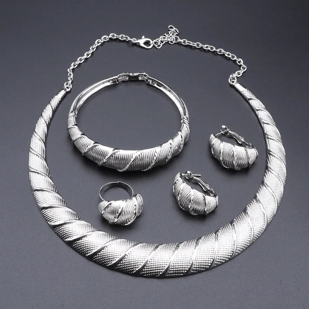 

Women Nigerian Wedding Bridal African Gold Silver Color Necklace Bangle Earrings Ring Jewelry Set