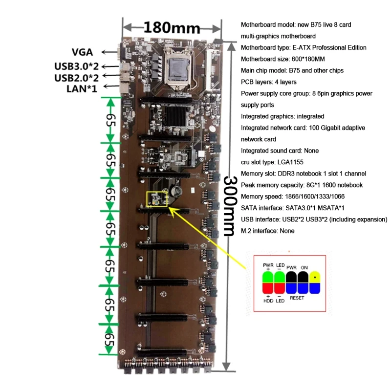 8 PCI-E Professional Mining BTC TB85 Desktop Motherboard B75 BTC Mainboard LGA 1155 DDR3 16G SATA3 USB3.0