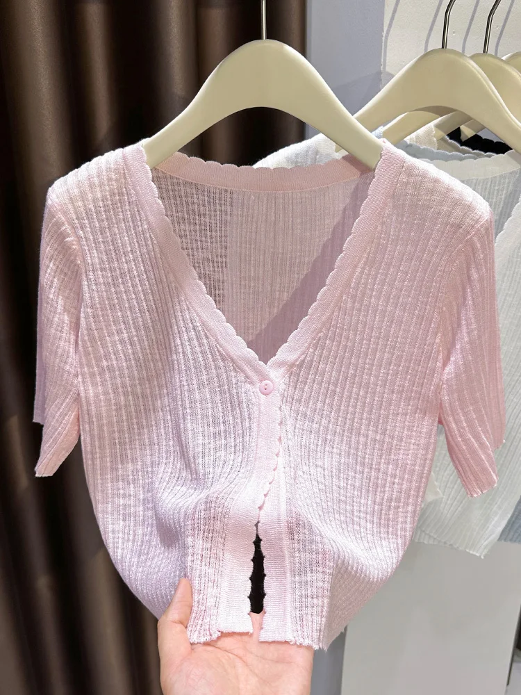 

Summer Lightweight Ice Silk Knitted ort Sve Sun Protection Cardigan Ruffle Trim Dopane Pink awl Top Women's Dr