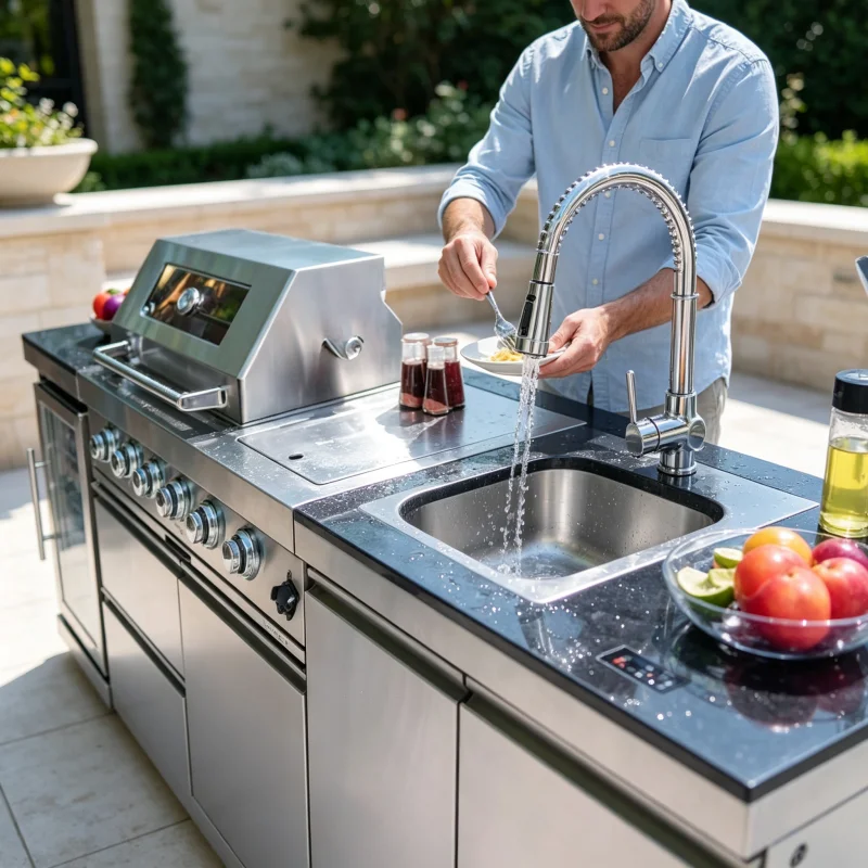 CE Certified L-Shape Outdoor Kitchen Cabinet 5-Burner Gas Grill Electronic Ignition Stainless Steel White Quartz Countertop Sink