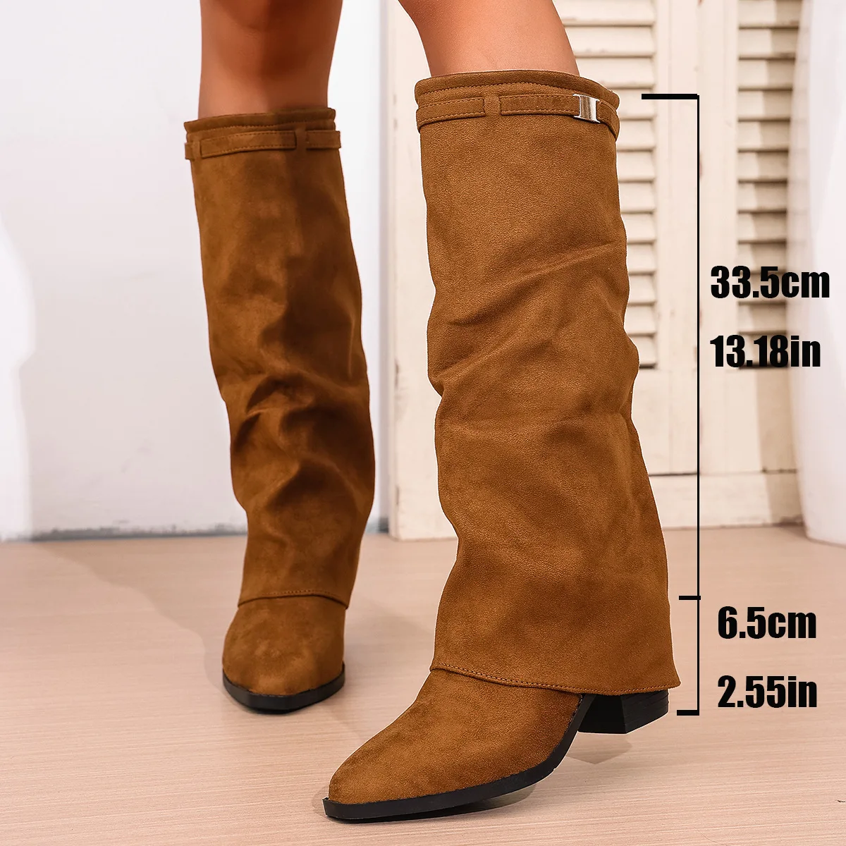 Plus Size 43 Women's Slip on Metal Buckle Knee-high Boots Autumn/Winter Pointed Toe Thick High-heeled Pants Boots Botas Mujer