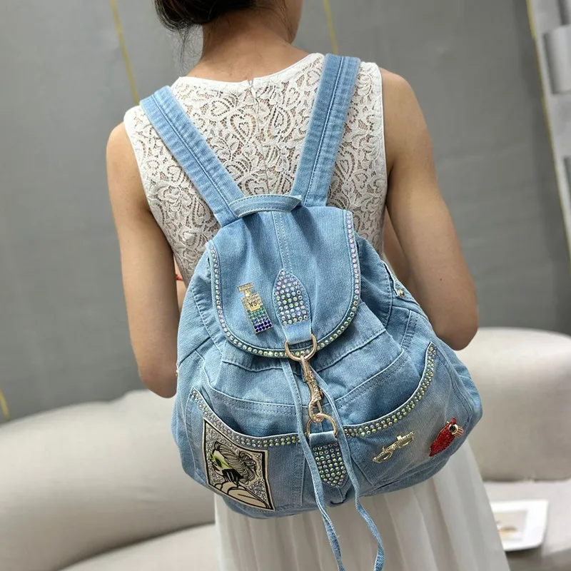 New Korean-style fashionable women's bag, denim casual schoolbag, diamond-encrusted large-capacity backpack