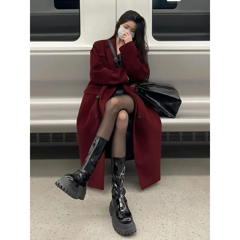 2023 Autumn And Winter New Korean Version Fashion Temperament Loose And Thickened Mid Length Woolen Coat Women's Trend