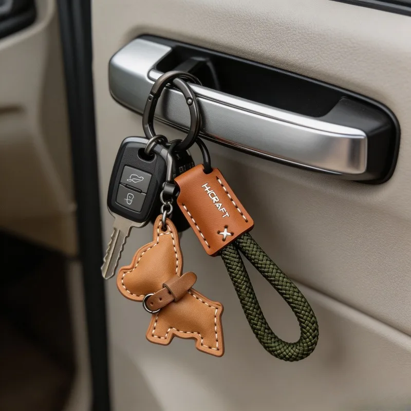 French Bulldog Keychain Leather Dog Charm Key Ring Braided Rope Car Key Holder Fashion Bag Pendant Accessories Gift For  Women