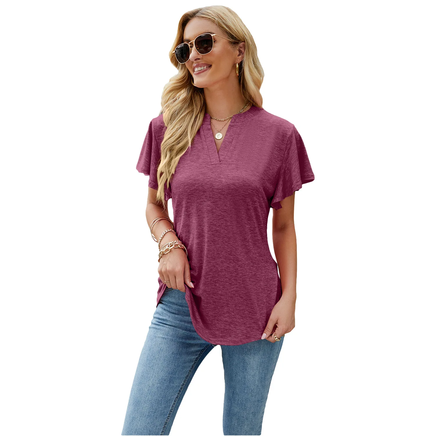 Woman's Tshirts Superior Quality spring/summer Short Sleeve V Neck Solid Color Ladies Top t-shirt Dropshipping WZD3039