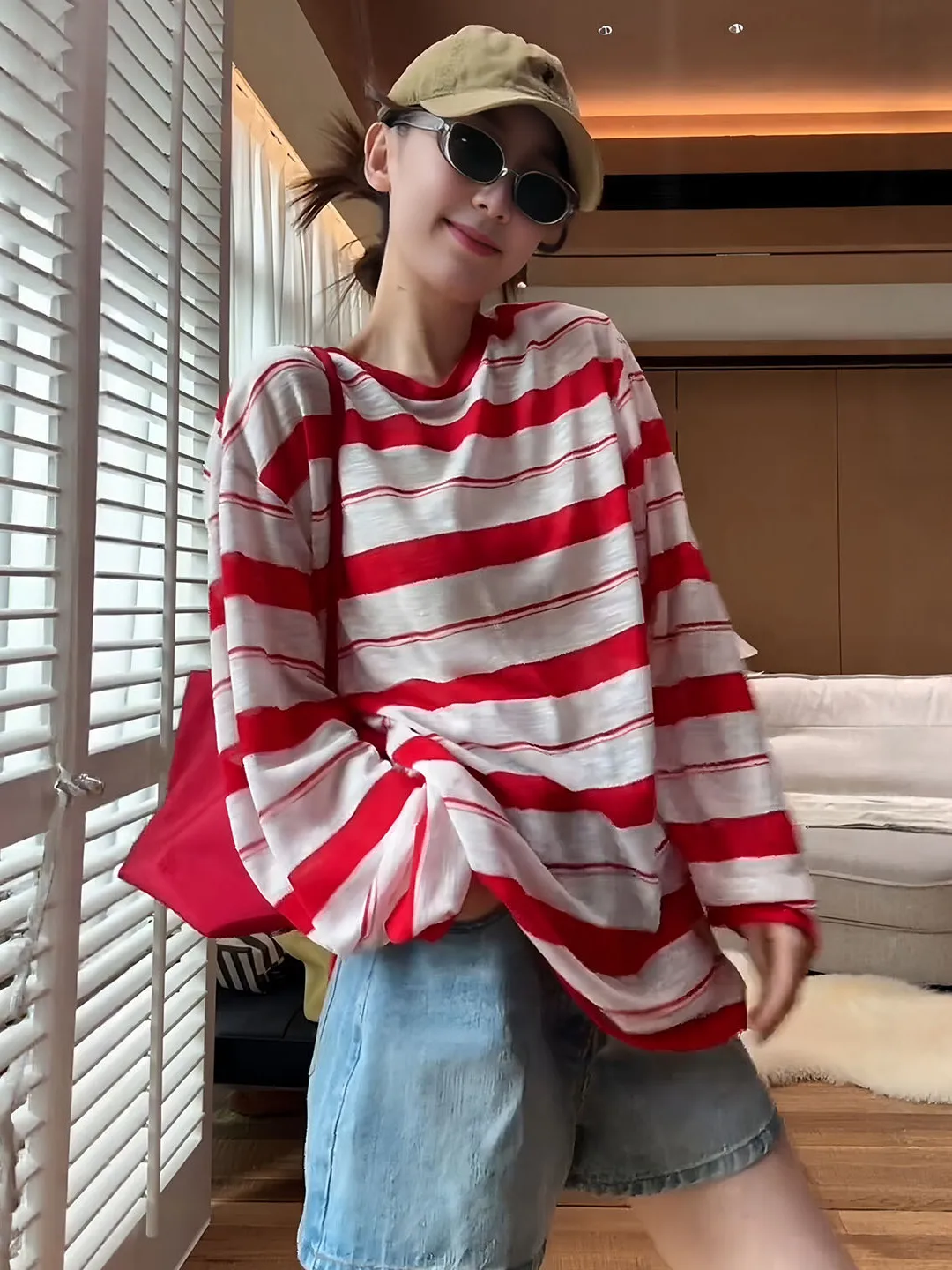 Loose Fit Long Sleeve Red Stripe T-Shirt Women's plus Size Lightweight Summer UV Protection Korean Style Top Casual Wear