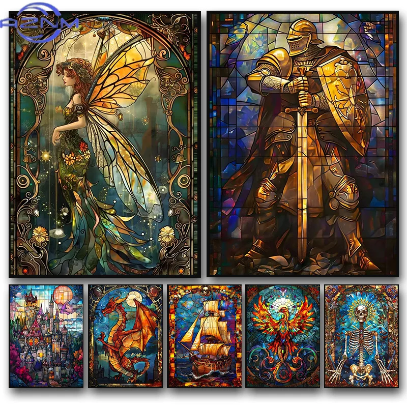 Vintage Fantasy Stained Glass Poster Print Golden Knight Skull Dragon Canvas Painting Wall Art Pictures Living Room Home Deco