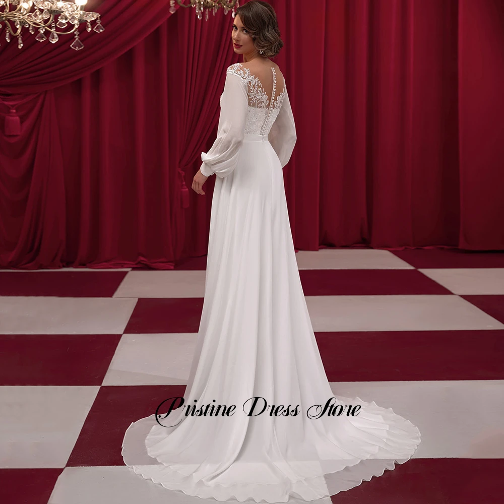 Graceful Chiffon Long Sleeves Wedding Dress with Sweep Train Women A-Line Sheer O-Neck Sequined Bridal Gowns with Button Back