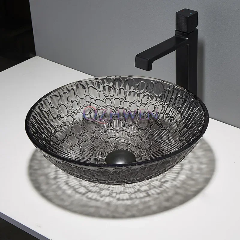 Light Luxury Bathroom Sink Transparent Glass Washbasin Hotel Die-casting Washroom Polka Dot Vessel Sink with Hardware Drainer