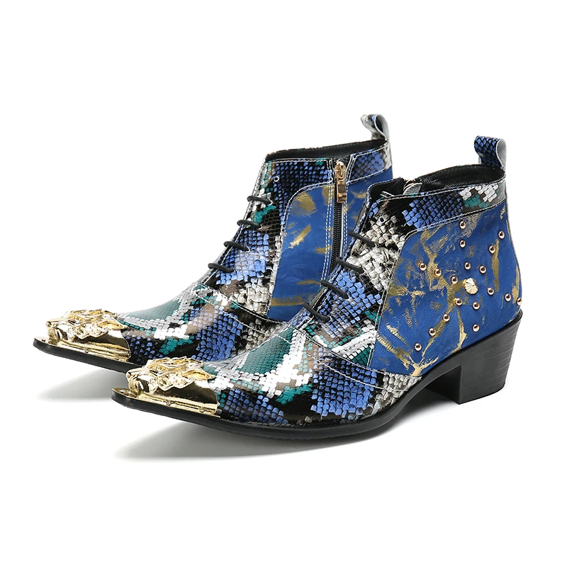 

Men Real Leather High Heels Cowhide Motorcycle Boots Spring Autumn Comfortable Blue Fashion Ankle Boots England Style High Top