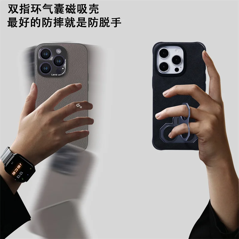Магнитный вращающийся кронштейн с двойным кольцом, чехол для телефона из искусственной кожи для iPhone 16E 13 14 15 16 Pro Max Magsafe, противоударный чехол с подушкой безопасности