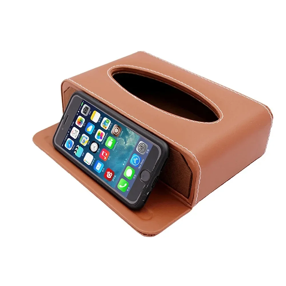 Luxury Leather Car Tissue Box with Phone Slot Dual Use Anti-slip Mobile Support Holder for Car Styling Black Red Brown