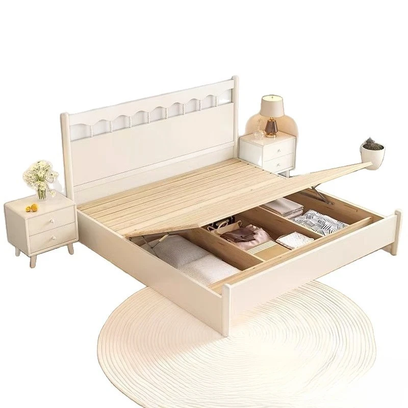 

Solid wood bed white American retro cream French 5 simple modern wind soft bag rice storage double bed 1.8 meters