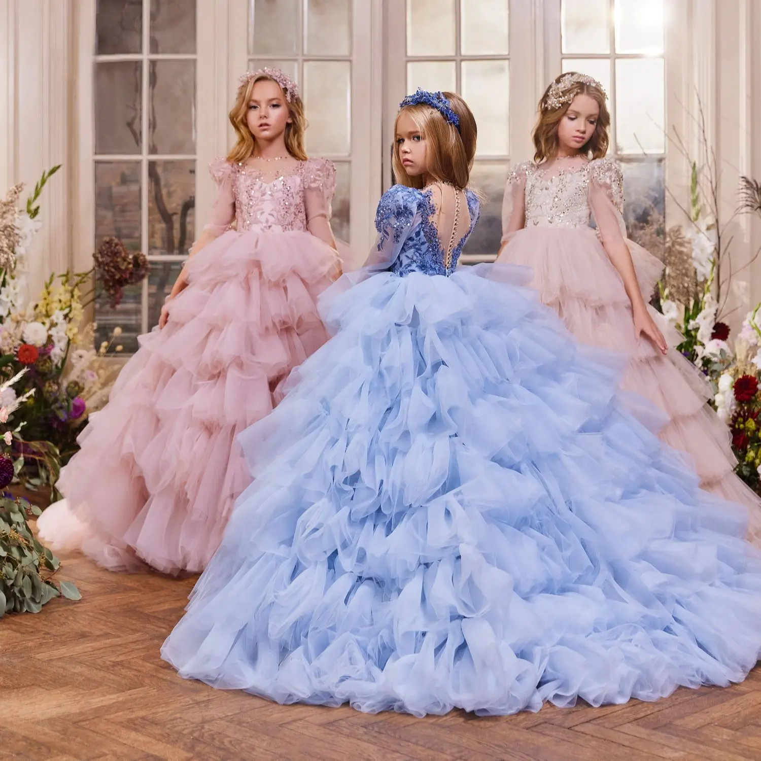 Vestidos de flores para niña, vestidos de banquete con cuentas azules, faldas escalonadas, vestido de princesa, boda, fiesta de graduación, navidad