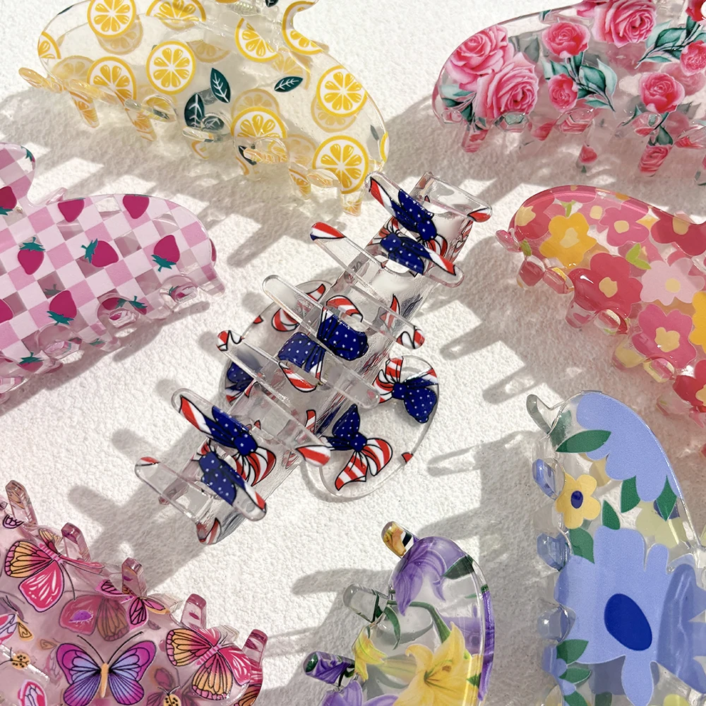 

AENSOA Summer Colorful Flower Butterfly Strawberry Print Design Claw Clip Personality Acrylic Creative Artistic Hair Accessories