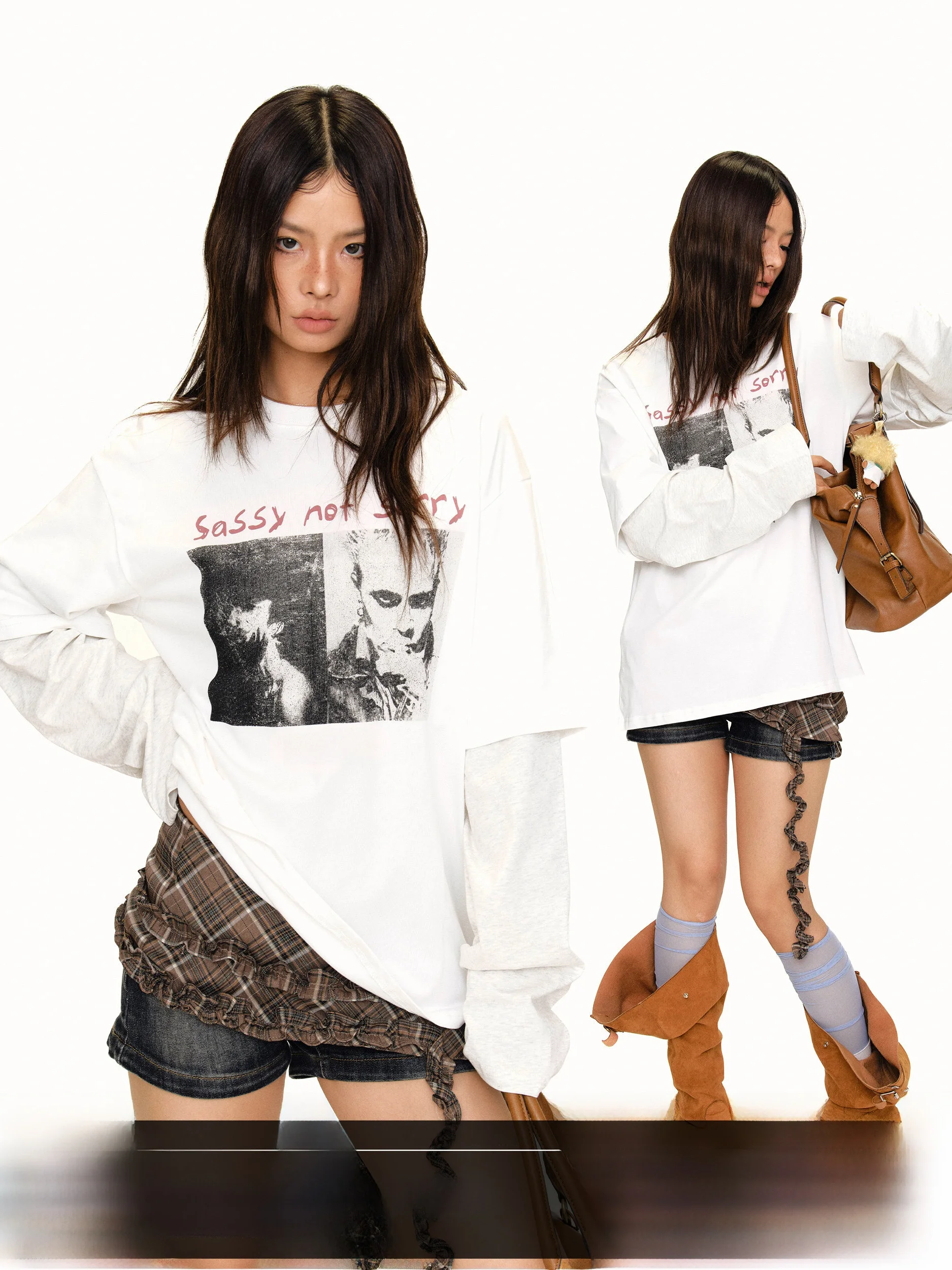 Blackbb High Street Vintage Portrait Print Patchwork Loose Long Sleeve T-Shirt American Retro Style Soft Comfortable Cotton Top