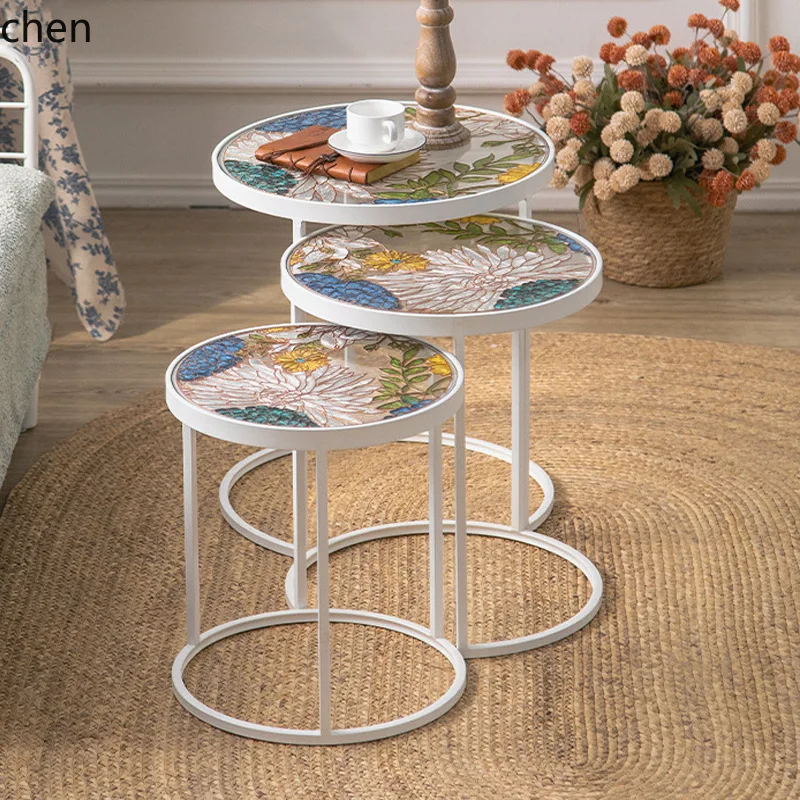 HT Enamel Color Hand-painted Tea Table Couple Living Room Personality Creative Glass Small Side Table Set