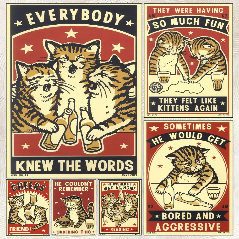 Cute Drunk Cat Poster Self-adhesive Art Room Entrance Restaurant Wall Decor Art Painting