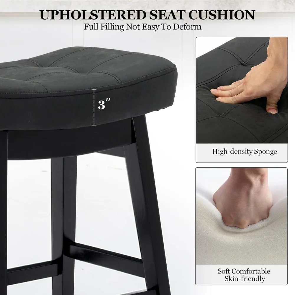 Set of 3 Counter Height Stools, Upholstered Leather Seats, Solid Wood Legs, 24 Kitchen Bar Stool