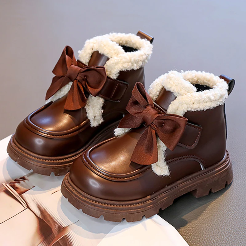 الكورية نمط الفتاة أحذية الثلوج بولي Leather الجلود مقاوم للماء الأطفال أفخم الأحذية سميكة الدافئة القطن مبطن الأحذية الدافئة الأحذية القطنية #1