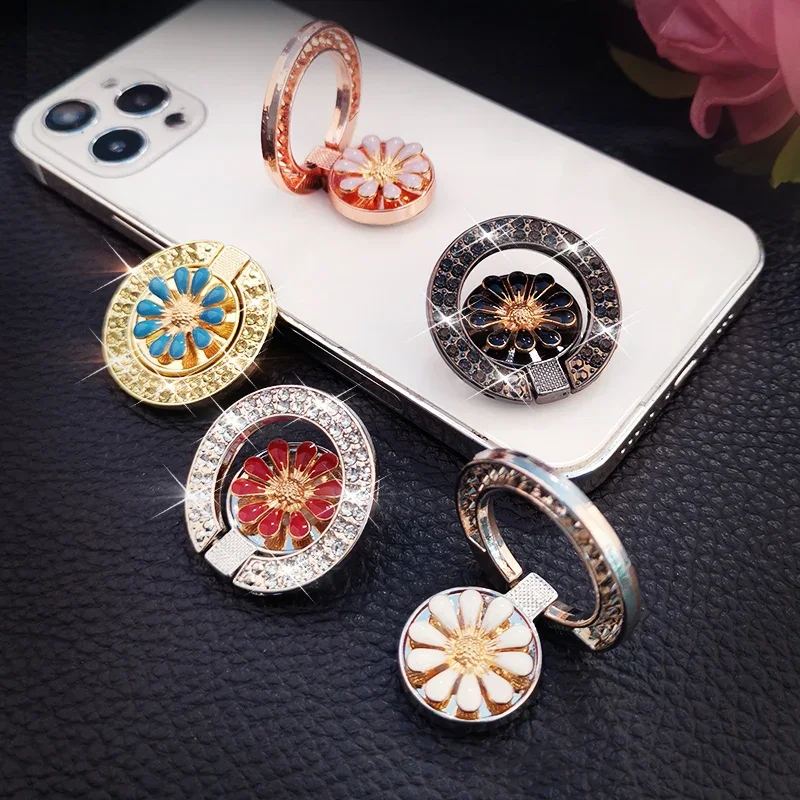 Daisy Flowers Phone Finger Ring Holder For iPhone Redmi Samsung Crystal Metal Grip Rotation Cellphone Stand Mount Bracket