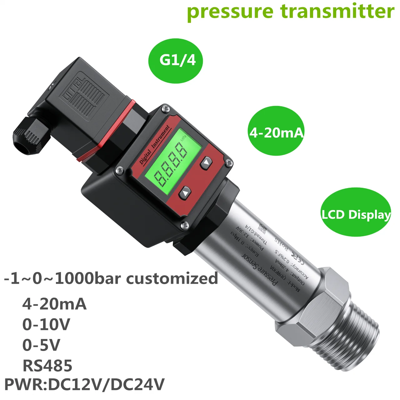 4-20mA 0-10V LCD Pressure Transmitter5V 10V Output Sensor Water Oil Gas -1-0-1000bar Pressure Measurment G1/4 Transducer