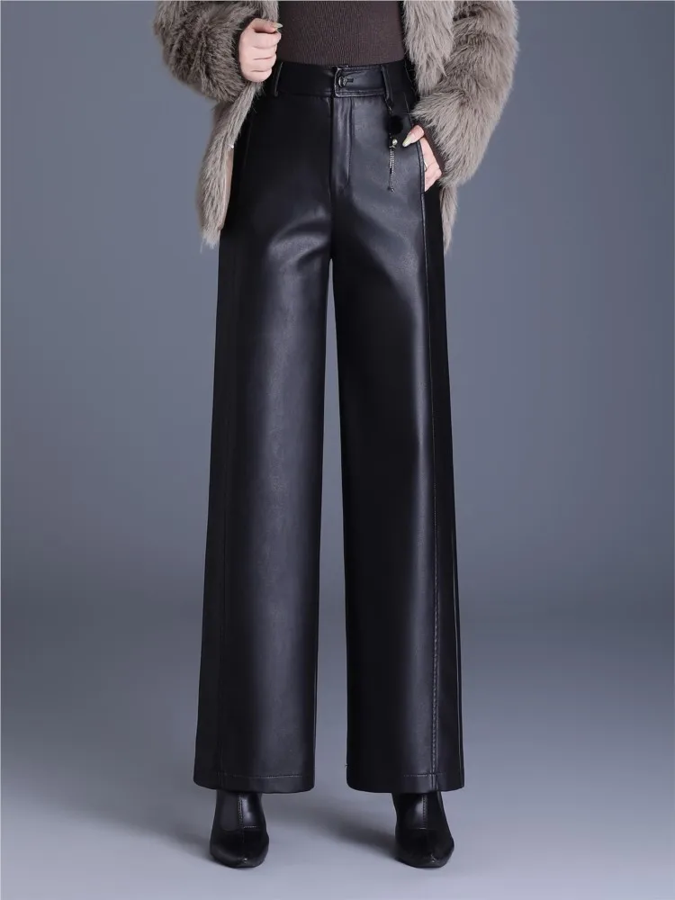 ZUZK New Minimalist Commuter PU Leather Long Pants Women Elastic Waist Autumn Winter Casual Straight Office Lady Trousers