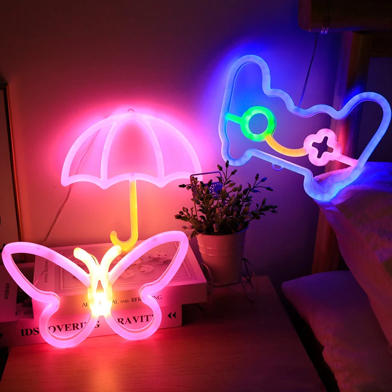 LED Neon Sign Light Double-sided Luminescence Night Lamp Strip Cloud Moon Star Fire Gamepad Xmas Hat Decor Room Wall Shop Party