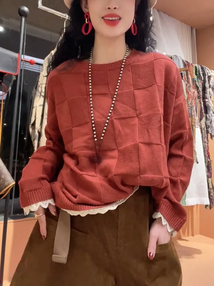 

Ретро-вязаный свитер с ромбовидным кружевом, белый, с длинными рукавами, весна 2025, большие размеры, универсальный, модный, в корейском стиле