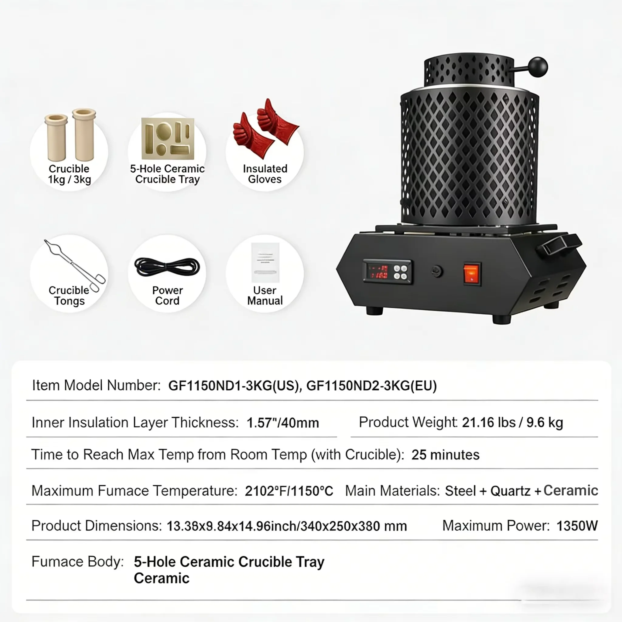 Sihao elektrische smeltoven 1350 W 2102 ℉ /1150 ℃   Elektrische ovenkroezen voor het smelten van goud, zilver, koper, aluminium
